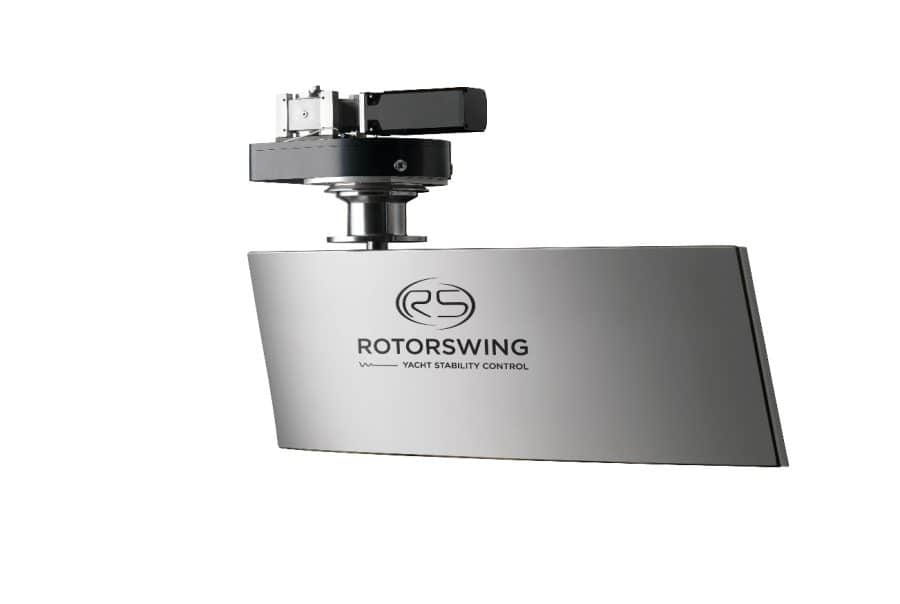RS E10 fin stabilizer: the stainless fin blade with its electric actuator, photographed on white